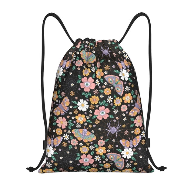 Saiise Floral Insects Pattern Sports Drawstring Backpack - String Swim Gym Bag with Wet Proof Pocket for Women&Men-Medium
