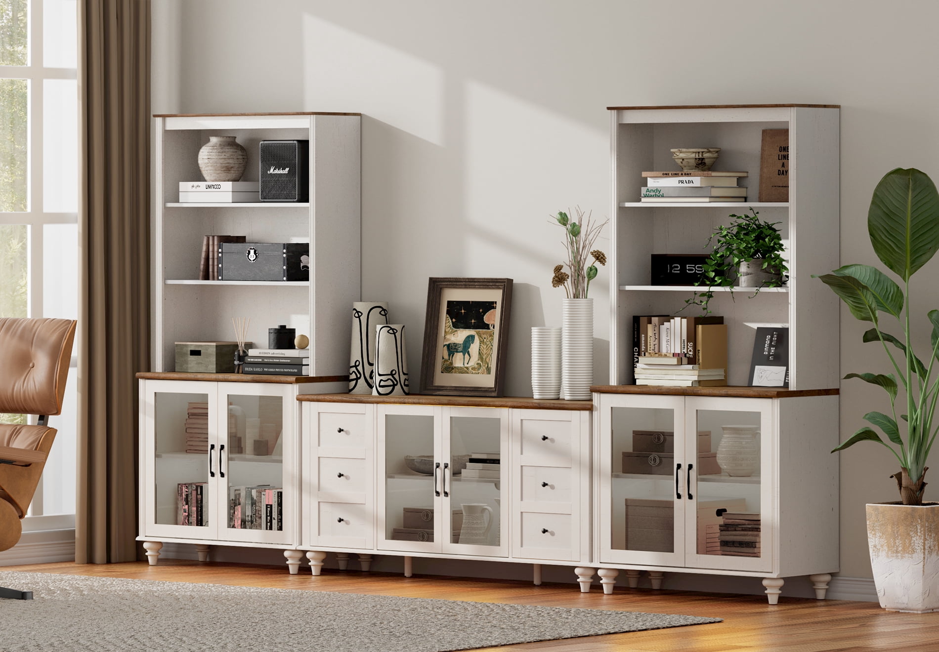 Entertainment Center with Bookshelves for TVs up to 65", Farmhouse Wall Unit TV Stand with Glass Doors, Media Console Table for Living Room, Bedroom & Home Theater, White