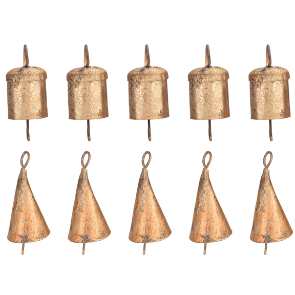 Vivanta Handcrafted Small Rustic Mini Gold Christmas Bells - Vintage Iron Tin Metal Ornaments for Crafts, 10 Count