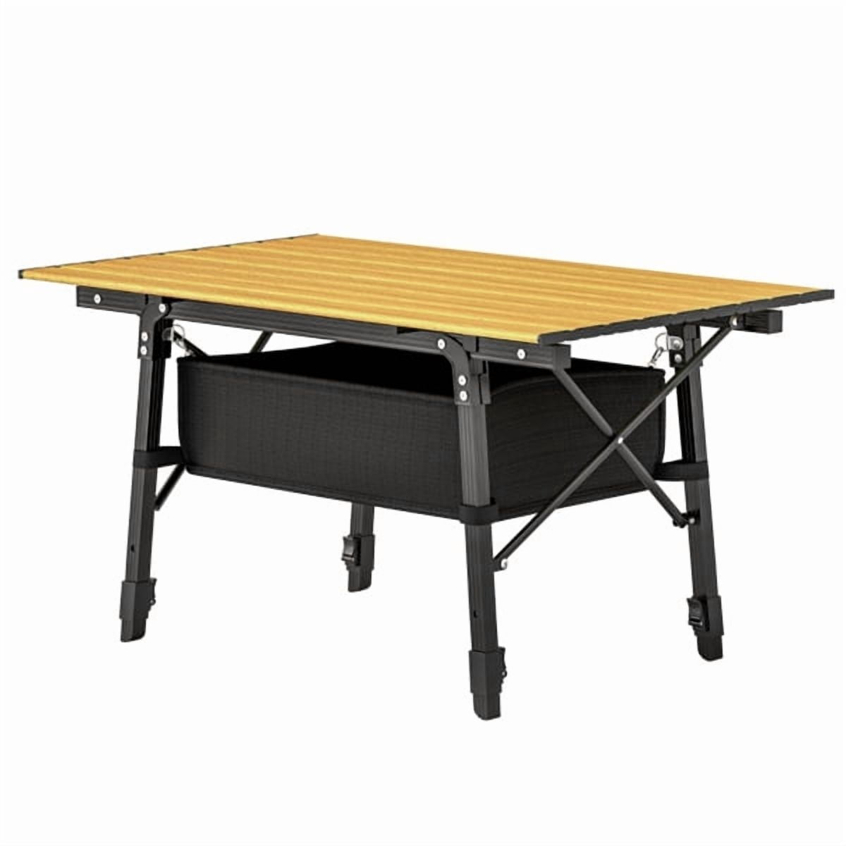 Folding Table with Storage Basket, 26" Adjustable Height Portable Camping Table Aluminum Foldable Dining Table for Outdoor Indoor, Black & Wood Color