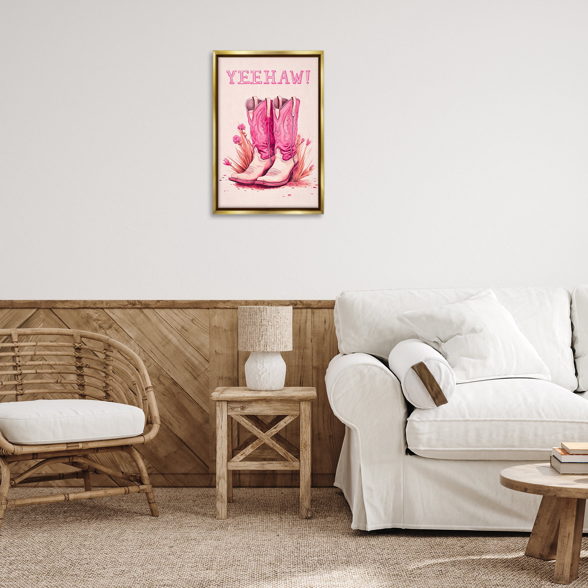 Stupell Industries Yeehaw Pastel Boots Fashion Painting Gold Floater Framed Canvas Art Print Wall Art, 17 x 25