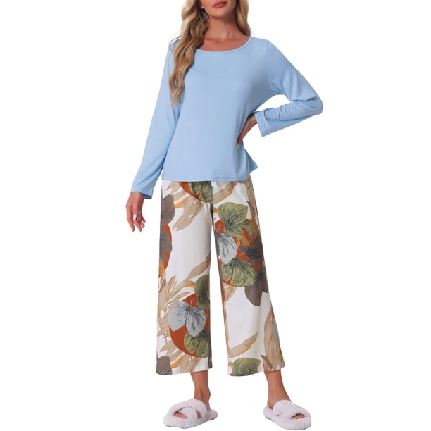 Conjunto de lounge para mujeres INSPIRE CHIC, camiseta de manga larga floral, pantalones capri suaves y elásticos, sets de pijama de 2 piezas, ropa de casa 2XL azul