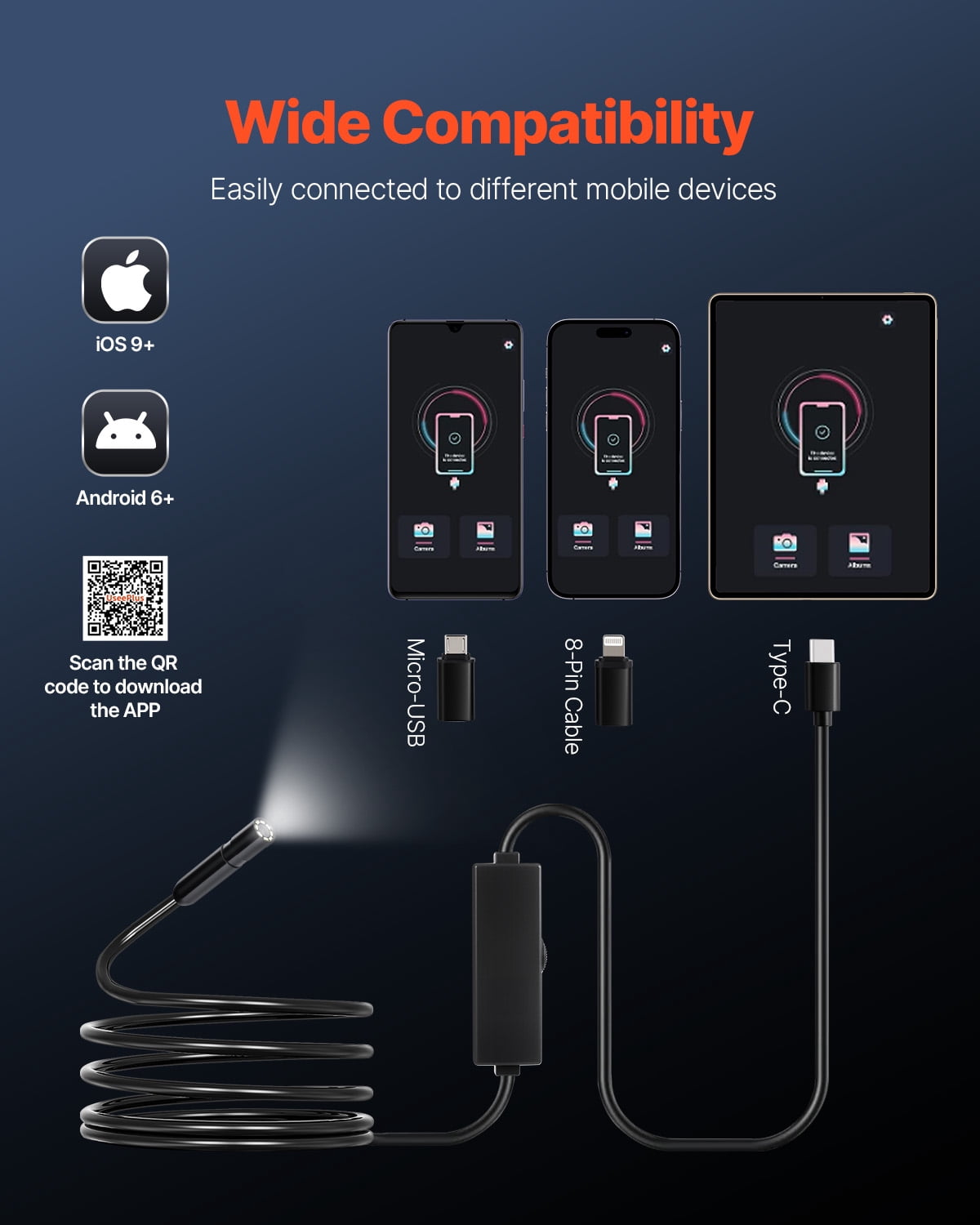 VEVOR Endoscope Camera with Light, 1920P HD Borescope for Android & IOS, 8 LED Lights Inspection Camera with 10FT Semi-Rigid Cable, 2X Zoom, IP67 Waterproof Snake Scope Camera for Auto, Plumbing