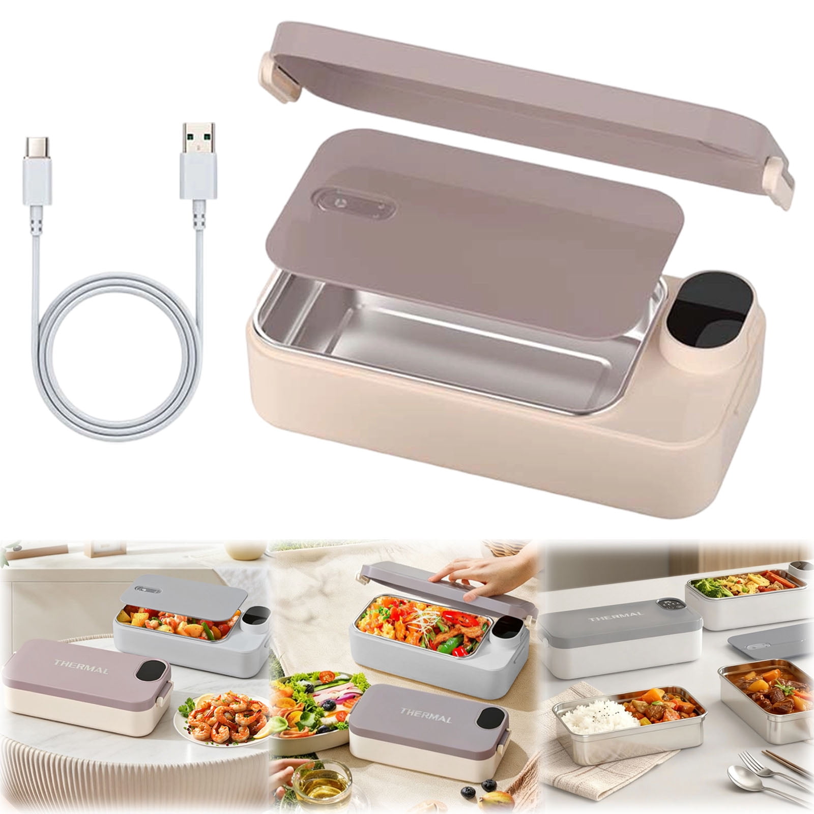 900ml Heated Lunch Box, 7200mAh Rechargeable Electric Lunch Box with Stainless Steel Container, Adjustable Temperature Display, Smart Heating Lunchbox Portable Food Warmer for Camping, office, Travel