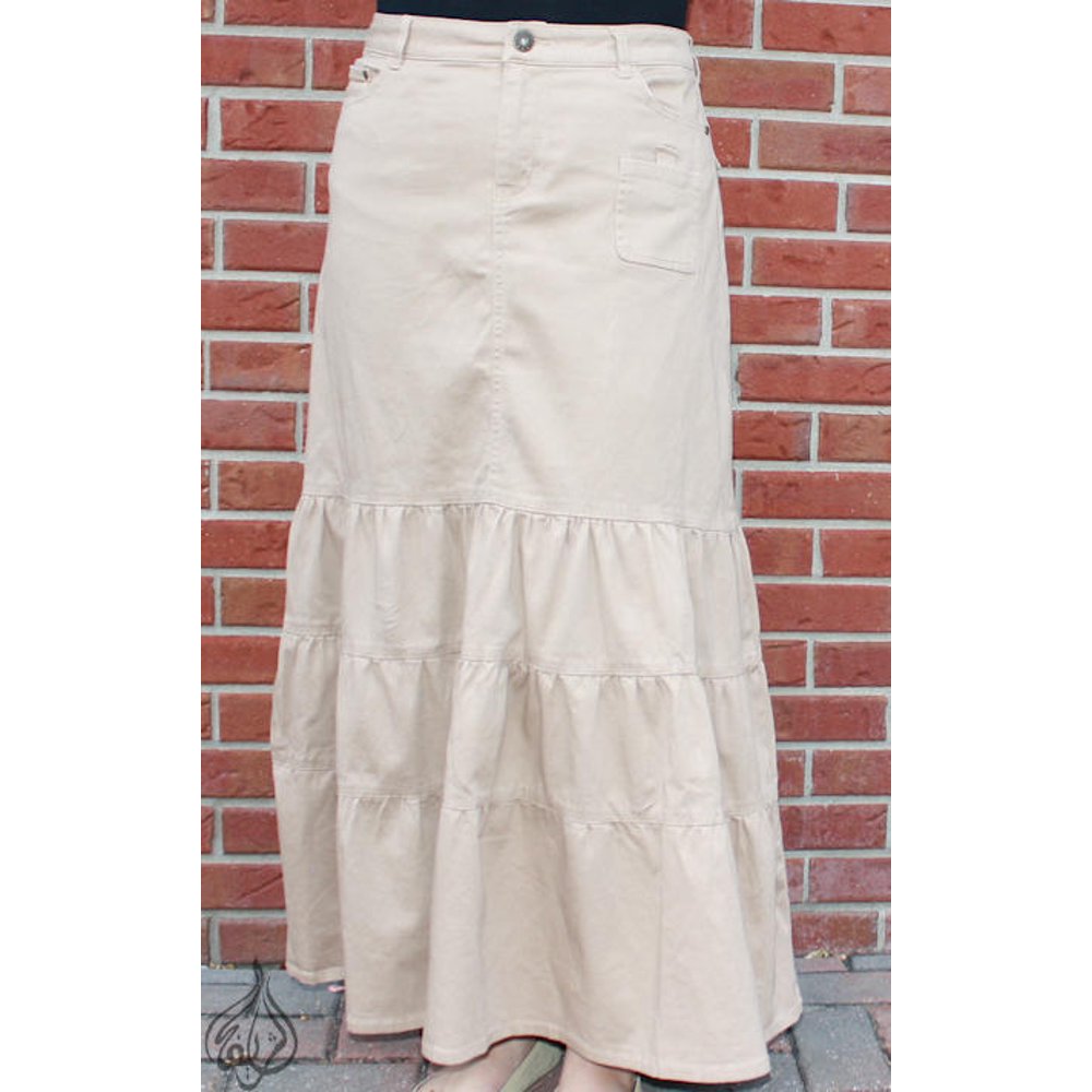 Alsharifa 38" LONG BOHO CHIC TIERED TAN DENIM SKIRT FOR MODEST WOMEN