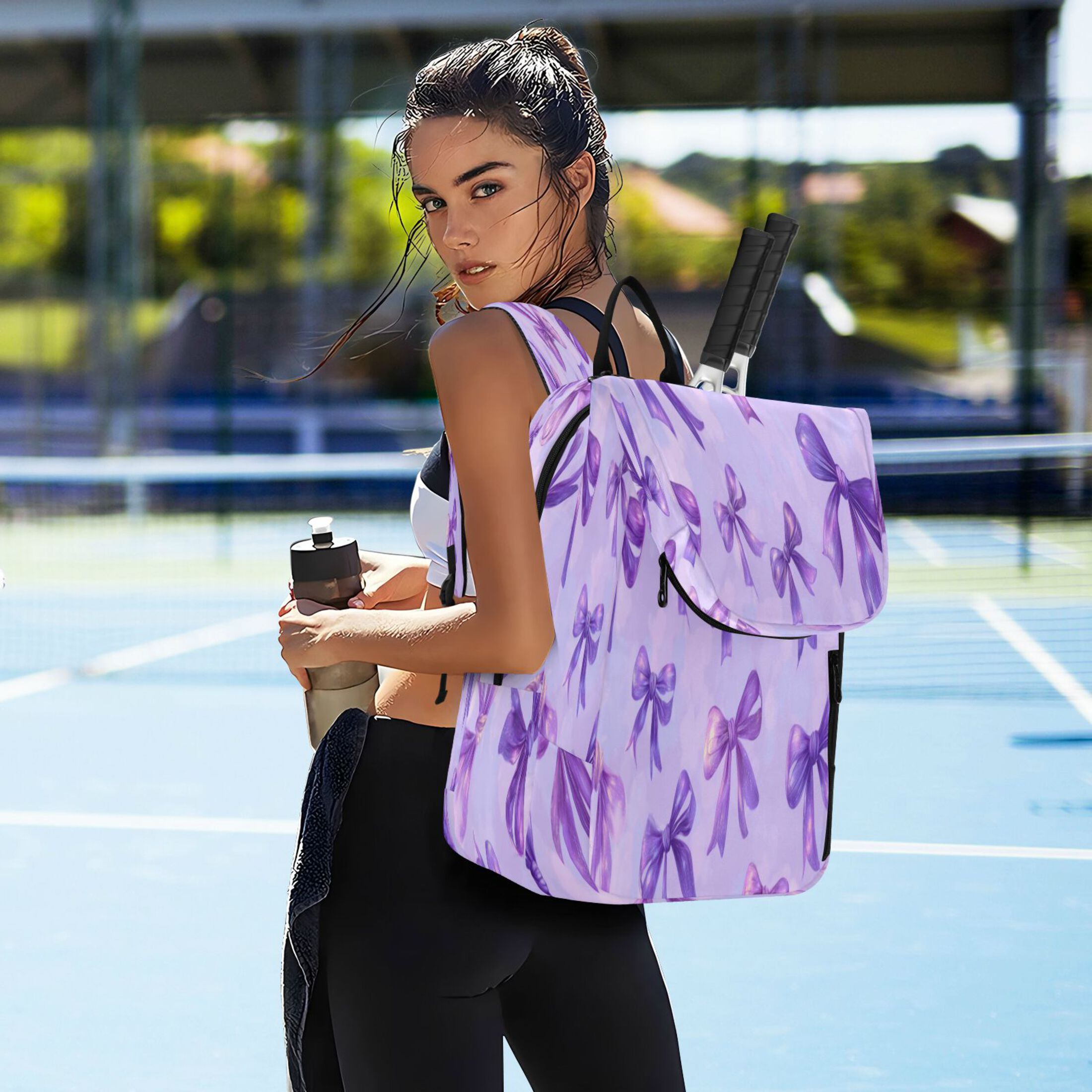 2 Racquet Holder Tennis Backpack Tennis Racket Covers Gym Bags Vibrant Purple Bows Pattern