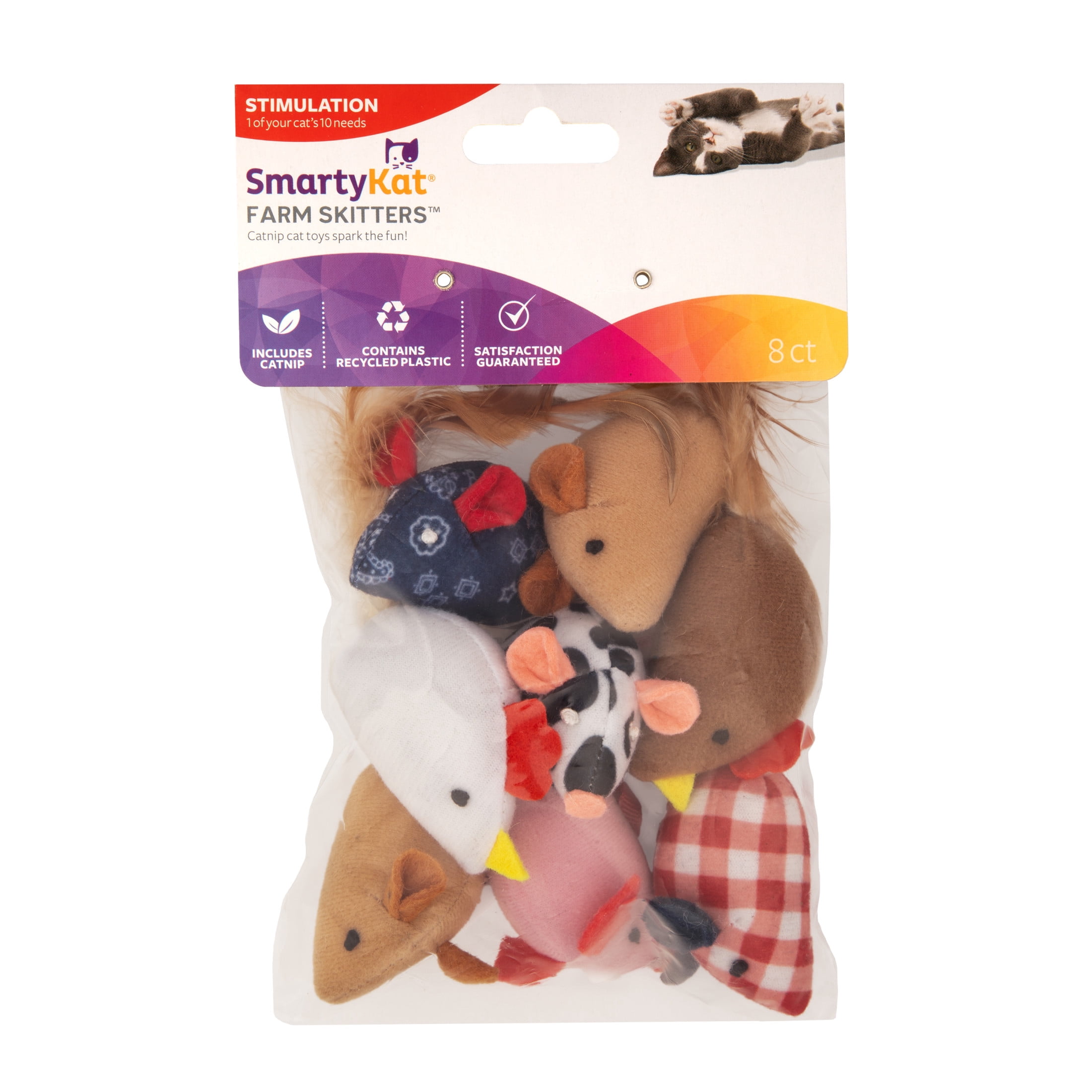 SmartyKat Farm Skitters Catnip Cat Toys, Set of 8, Small Plush Mice with String Tails and Pure Catnip