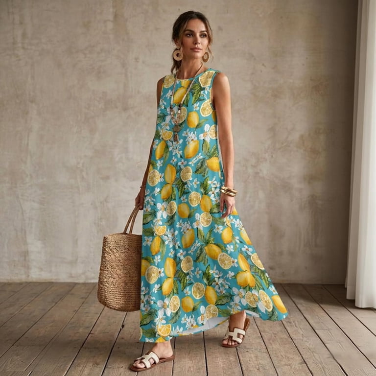 retro beach dress Fkelyi Flower Lemon Print Womens Summer Tank Linen-Look Long Maxi Dress with Pockets Anti-Wrinkle Casual Dress Breathable Vacation Modern icons Abercrombie & Fitch v-neck Size:Custom Size(Add Your Size On ”Order special instructions“ ） Cleaning is a breeze