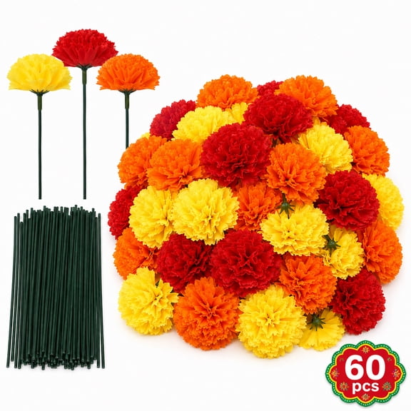 Kabuer Artificial Marigold Flowers 60pcs Marigold Flower Heads with Stems Bulk for Indian Wedding,Diwali,Day of The Dead Halloween for Home Decor(Mix Color)