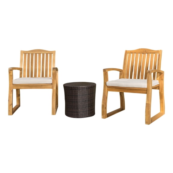 Bombay Outdoor Acacia Wood 3-Piece Chat Set with Round Wicker Table, Teak/ Beige
