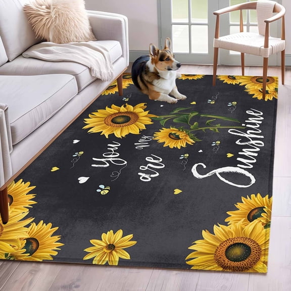 Area Rugs for Living Room Bedroom, Black Sunflowers 4'x6' Rug Washable Carpet Runner Indoor Outdoor, Vintage Garden Floral Bees Farmhouse Non Slip Accent Floor Mats Rug for Kitchen, Office