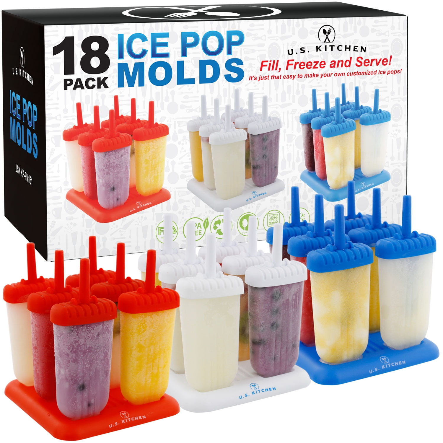 Jumbo Set of 18 Classic Ice Pop Molds Sets of 6 Red, 6 White & 6 Blue Reusable USA Colored