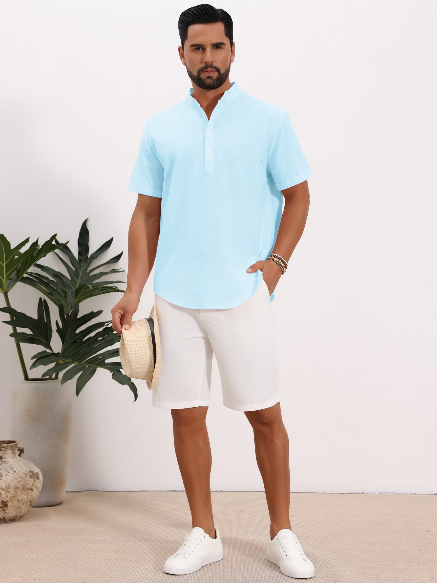 DARING DIVA Men's Solid Color Stand Collar Short Sleeve Henley Shirts L Light Blue