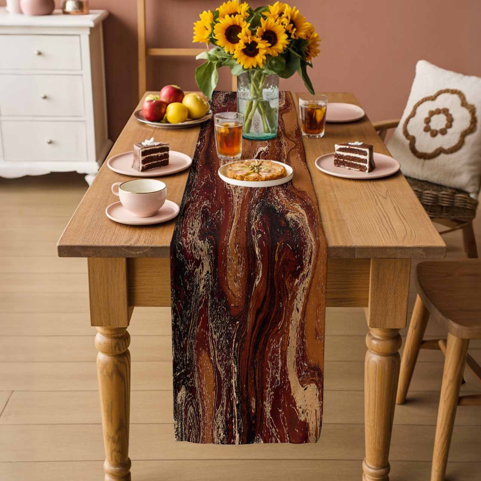 Brown Marble Table Runner, Ombre Abstract Striped Mottled Aesthetic Washable Cotton Linen Table Runners 90 Inches Long, Dresser Scarf Runner for Dining/Coffee/Kitchen/Hallway Tables 13''x90''