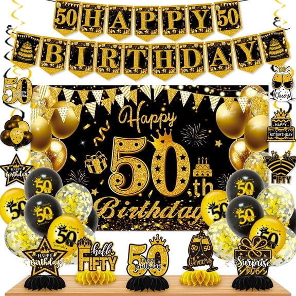 50th Birthday Party Decoration Kit Black Gold with Balloons and Backdrop for Him Her