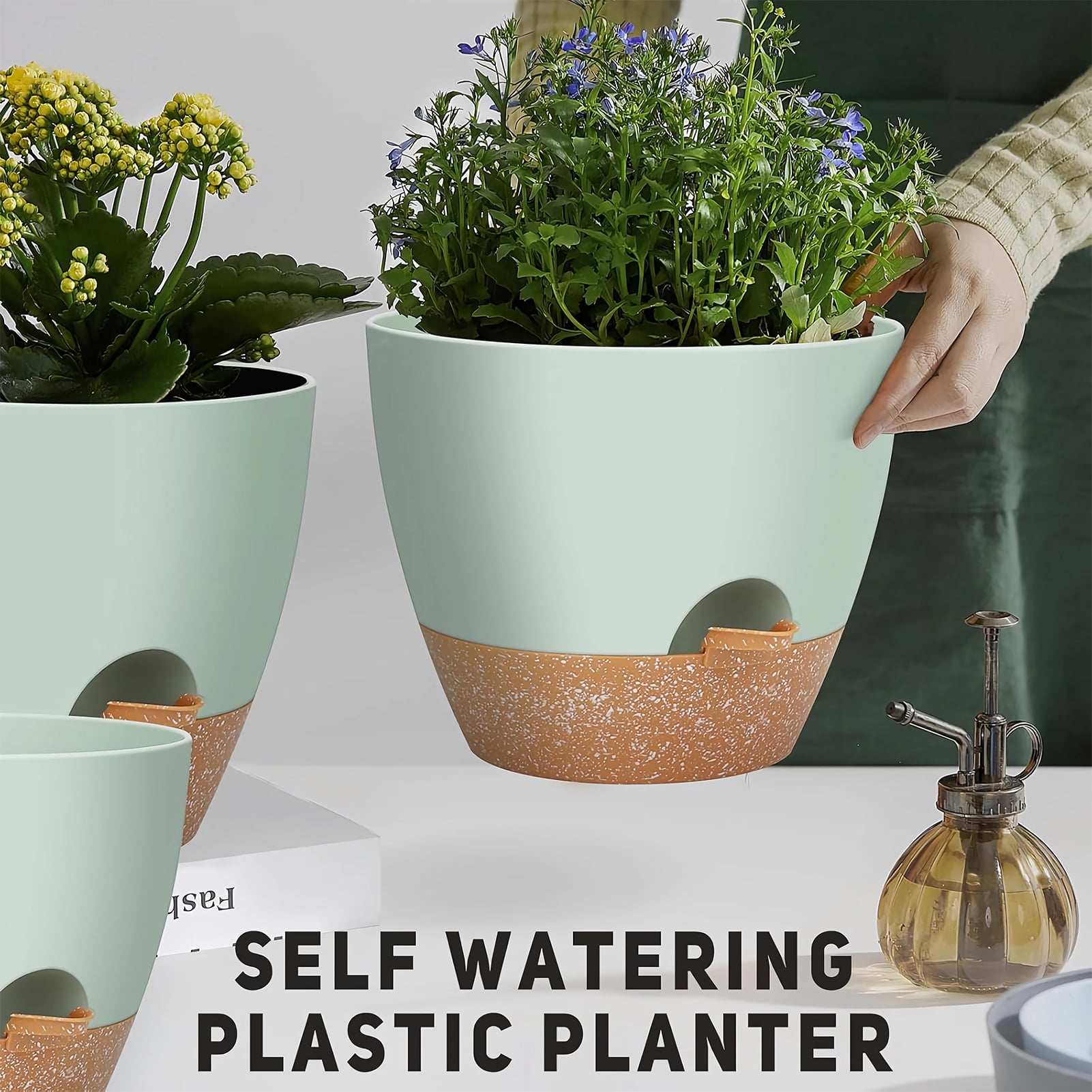 West Bay 12" 10" 9" Large Self Watering Plant Pots, 3 Pack Flower Pots Planters with Multi Mesh Drainage Holes for Indoor Outdoor Garden Plants and Flowers (Green)