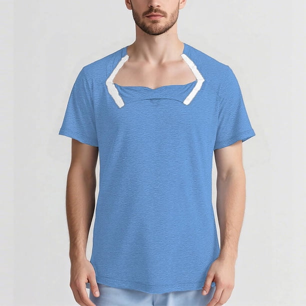 Blusas y camisas de manga corta y cuello redondo para hombre, de color liso, para recuperación posoperatoria, extraíbles, de manga corta, con botones laterales totalmente abiertos, adaptables, de poli