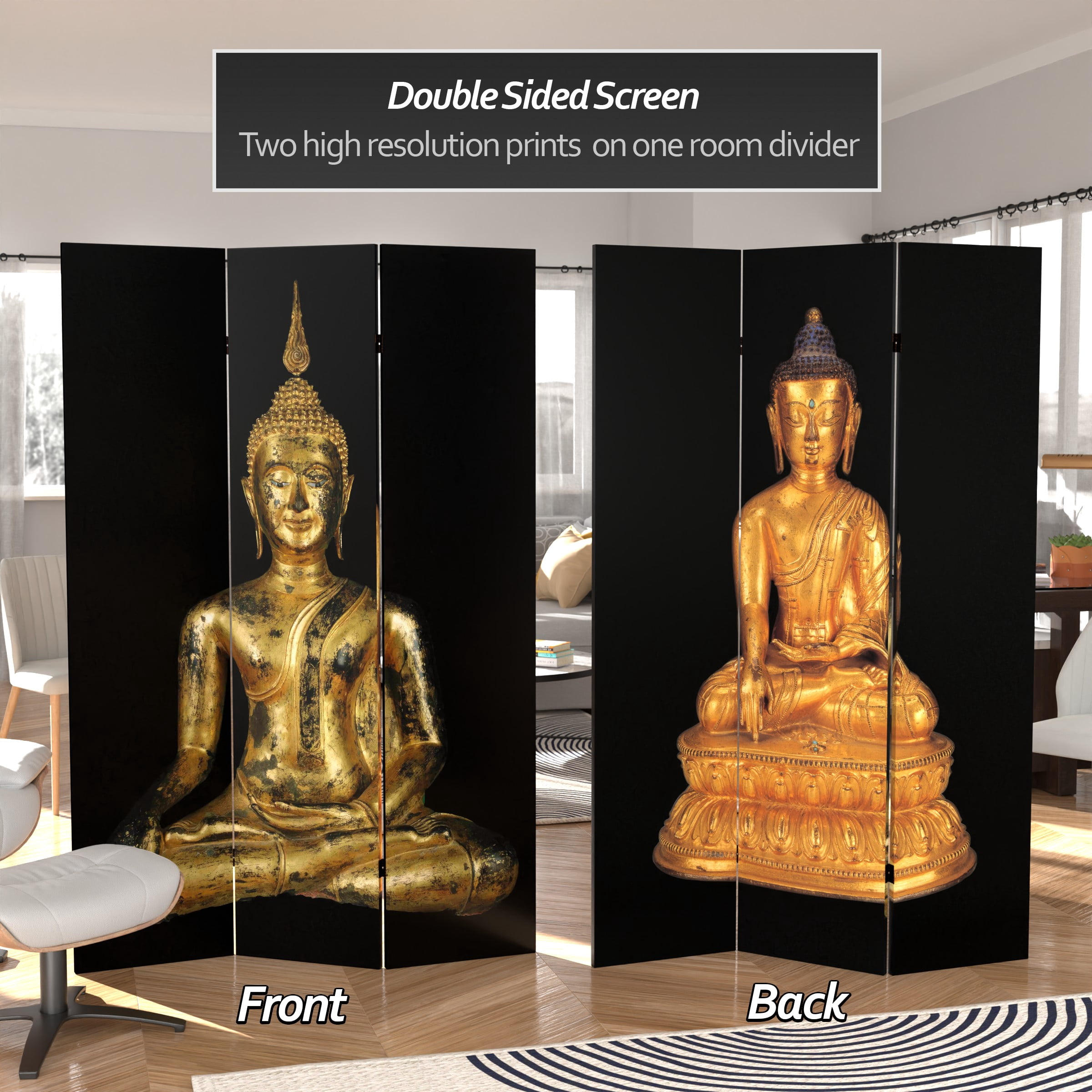 Oriental Furniture 6 ft. Tall Double Sided Thai Buddha Room Divider - 3 Panel