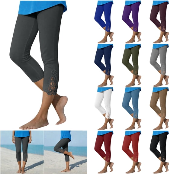 lcziwo Capri Yoga Pants for Woman Stretchy Tummy Control Workout Leggings Casual Slim Comfy Athletic Gym Lace Cropped Pant Army Green L
