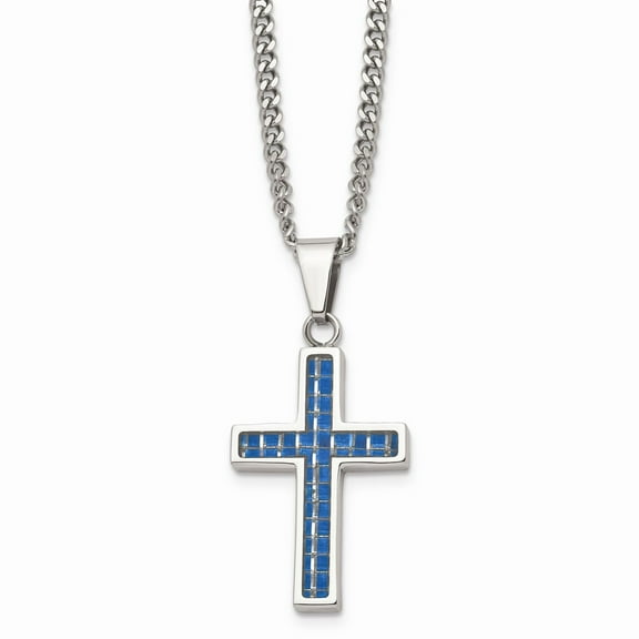 Stainless Steel Blue Carbon Fiber Inlay Polished Small Cross Necklace; 20 inch; for Adults and Teens; for Women and Men