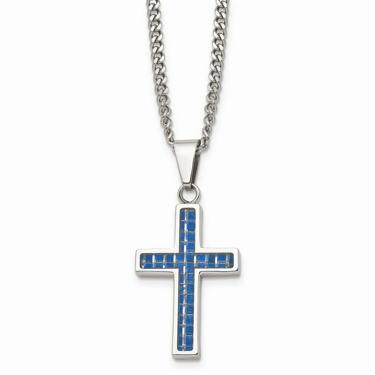 Stainless Steel Blue Carbon Fiber Inlay Cross 20 Stainless Steel Blue Carbon Fiber Inlay Cross 20