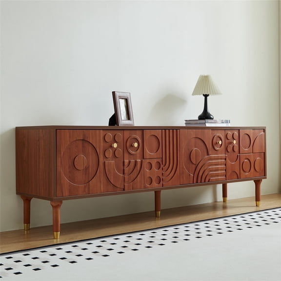 siu want Art-Inspired TV Stand with Geometric Doors: 66.9" Media Console for 75 Inch TVs, Retro Modern Entertainment Center with 4 Cabinets, Walnut