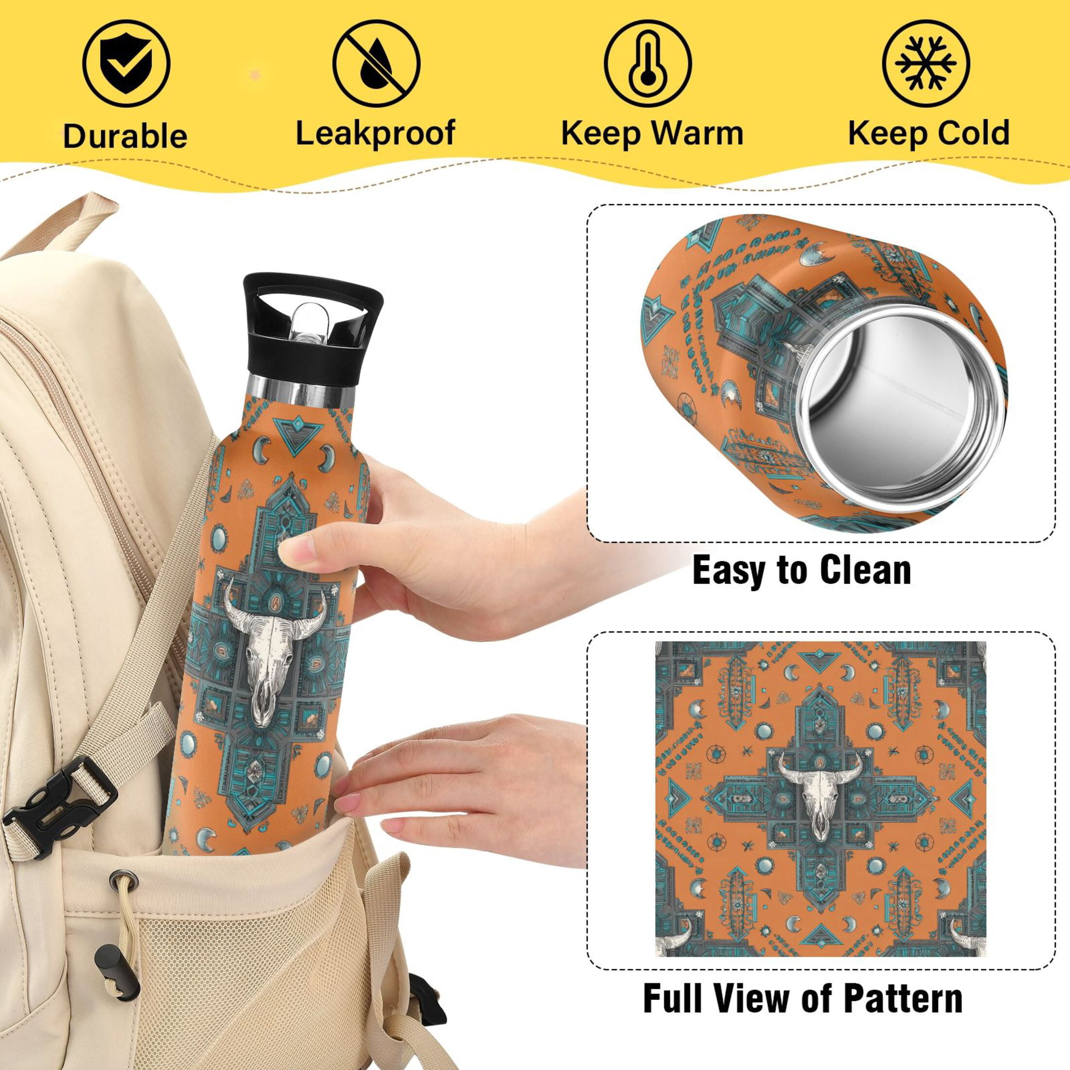 Kids Insulated Stainless Steel Sports Water Bottle 600ml Western-style Cowhorn Skulls