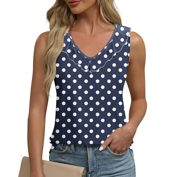 Karight Tank Tops for Women Polka Dot Ruffle Shirts Sleeveless Round Neck Tank Top Casual Summer Blouses Vest
