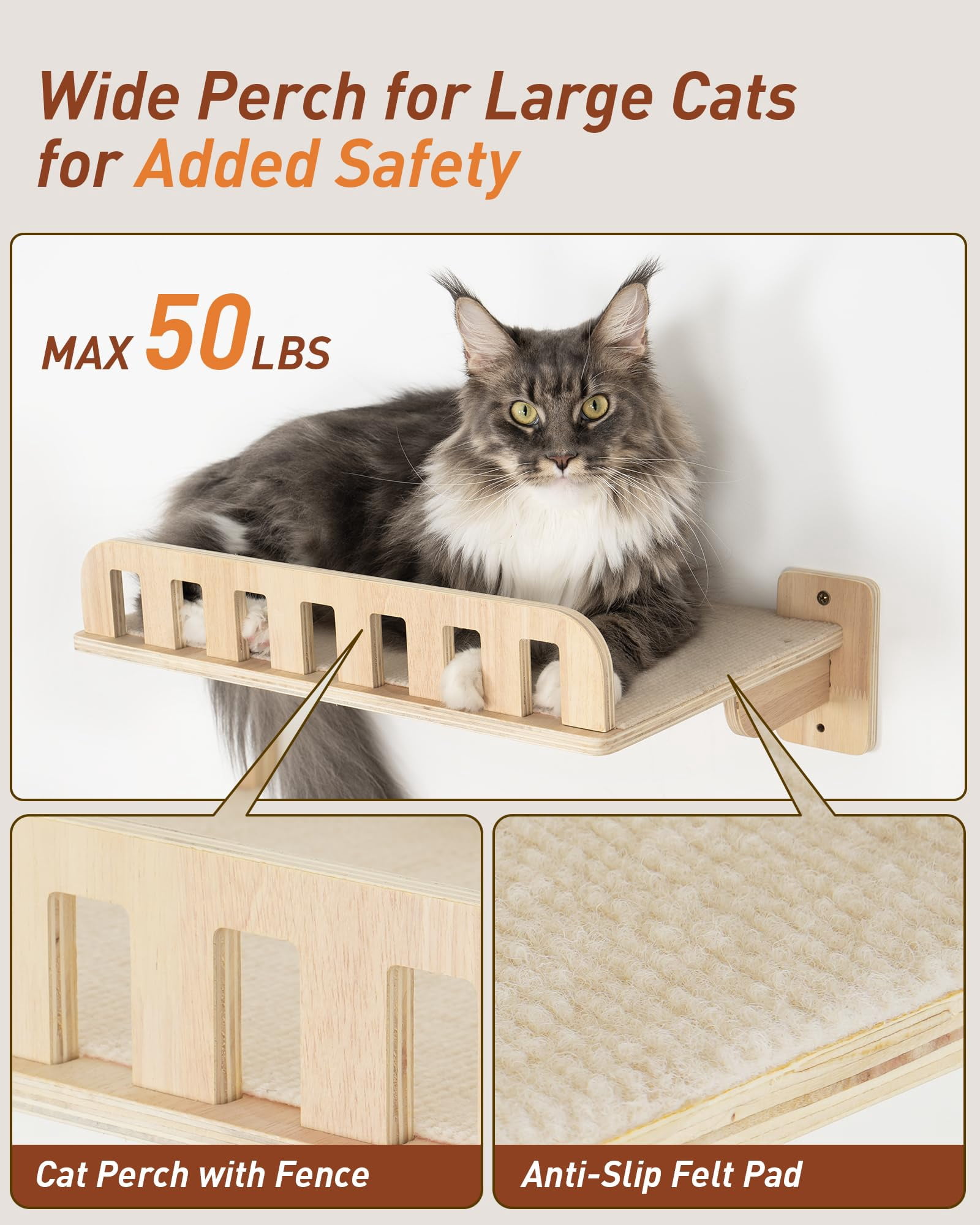 Cat Wall Shelves 5-in-1 Furniture with Hammock and Wide Perch Wooden Climbing Set for Indoor Large Cats