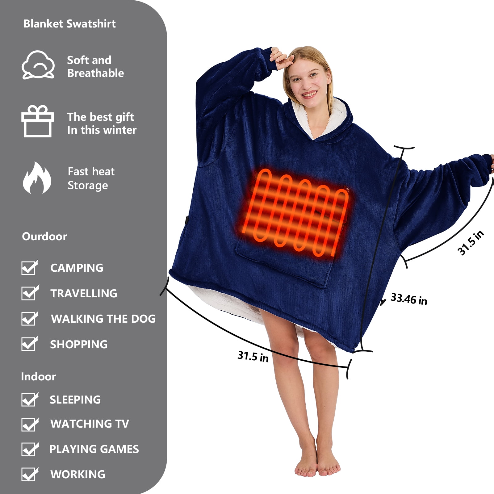 PMONPA Heated Wearable Blanket, Oversized Wearable Heated Blanket for Adult, Sherpa Fleece Blanket Hoodie,One Size, Blue