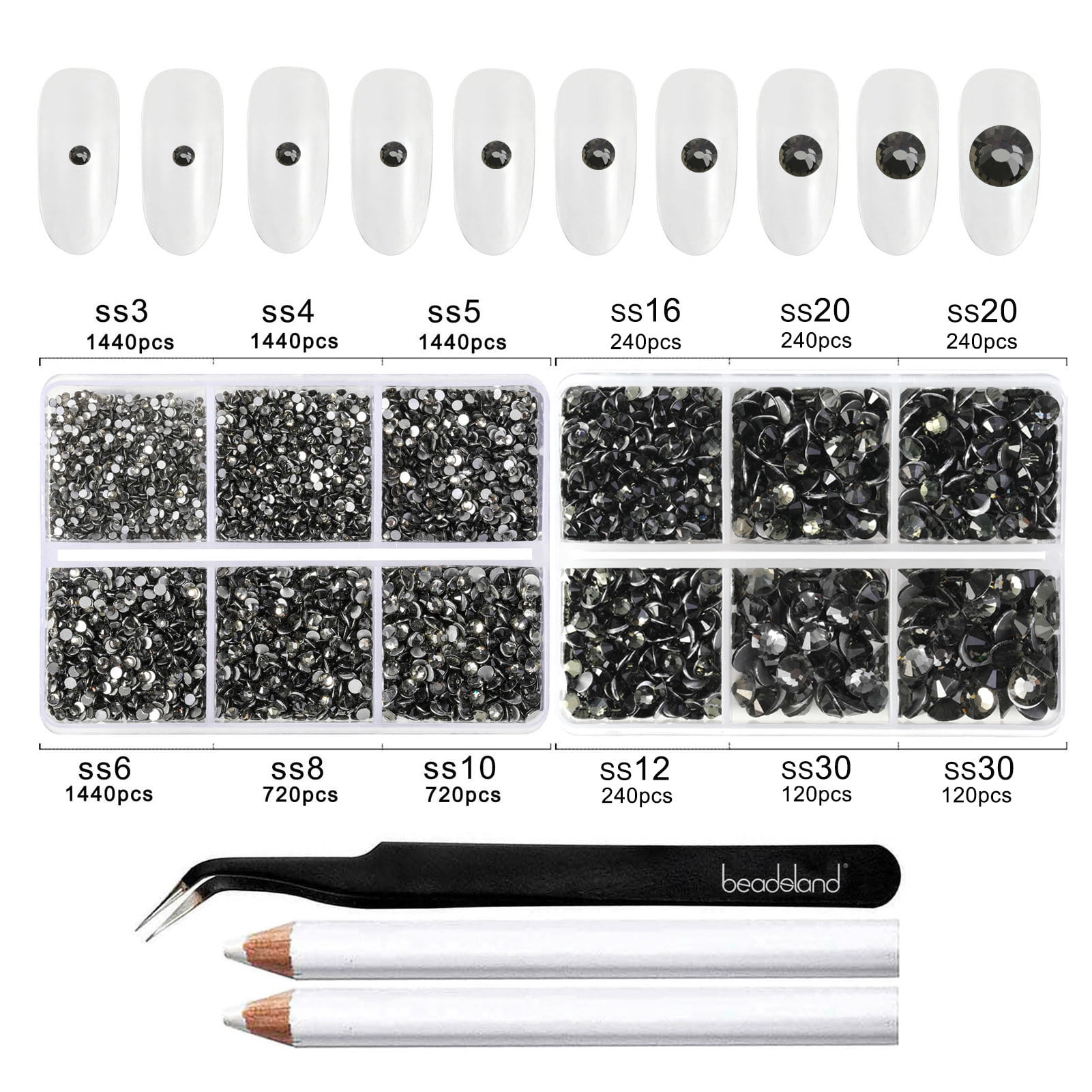 Beadsland 8300PCS Flatback Rhinestones 10 Sizes with Wax Pencil and Tweezer Kit, SS3-SS30, Black Diamond