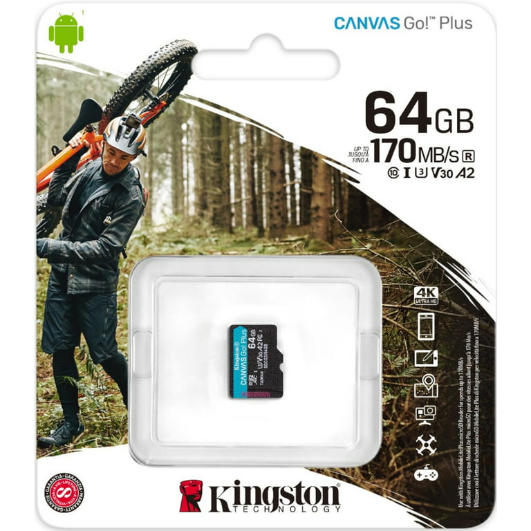 Memoria Micro SD 64GB Kingston Canvas GO Plus Class 10 V30 U3 170Mpbs +  Adaptador SD - SDCG3/64GB