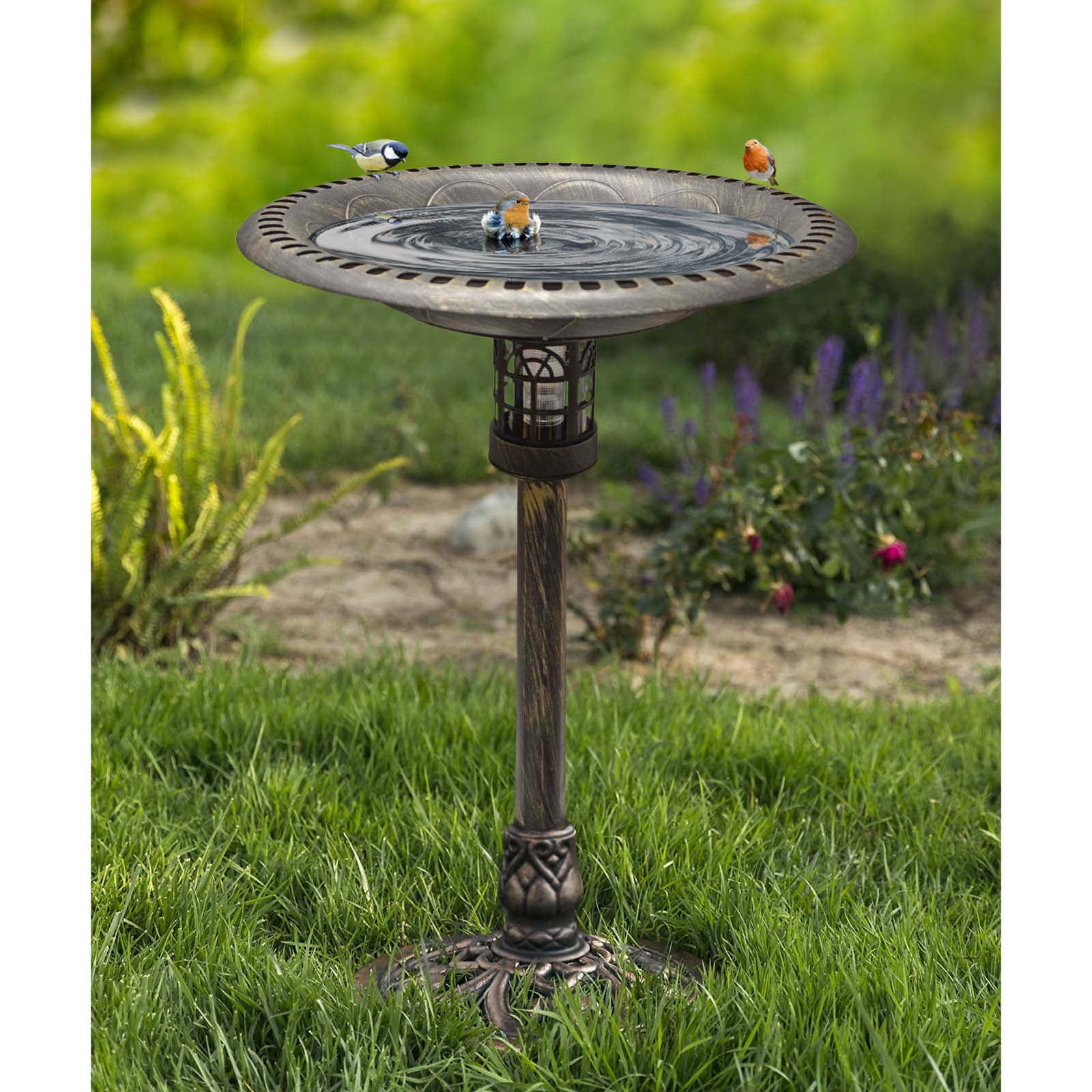 Westcharm 34 Inch Solar Powered LED Lighted Birdbath Poly Resin Bird Bath for Outdoors Yard Outside Outdoor Garden Decoration Pedestal Base Stand - Antique Brushed Bronze Solar Bird Bath