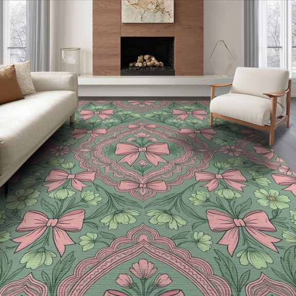 ODIKA 8'x10' Washable Area Rug Non-Slip Chair-Friendly Mat Boho Toss Scallop Border Delicate Ribbon Vintage Pink Coquette Refined for Dining Room, Large Office, Lounge