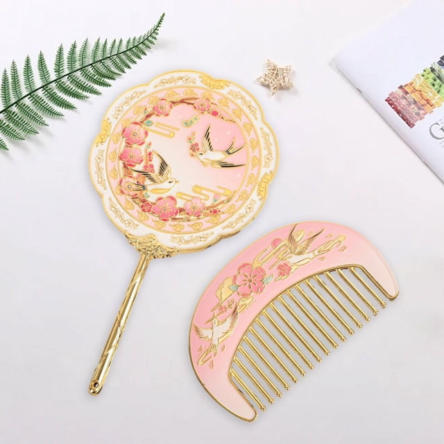 Espejo de mano para maquillaje, diseño retro con estampado de flores y pájaros en relieve, ideal para mujeres y niñas, cepillo de pelo, regalo de Estilo B