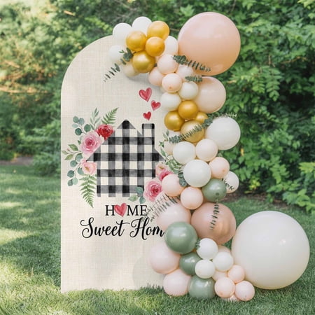 Black Plaid House Arch Backdrop Cover 6.6 FT Home Sweet Home Pink Floral Linen Texture Wedding Arch Cover Stretchy Backdrop Stands Covers for Birthday Party Ceremony Banquet Decor