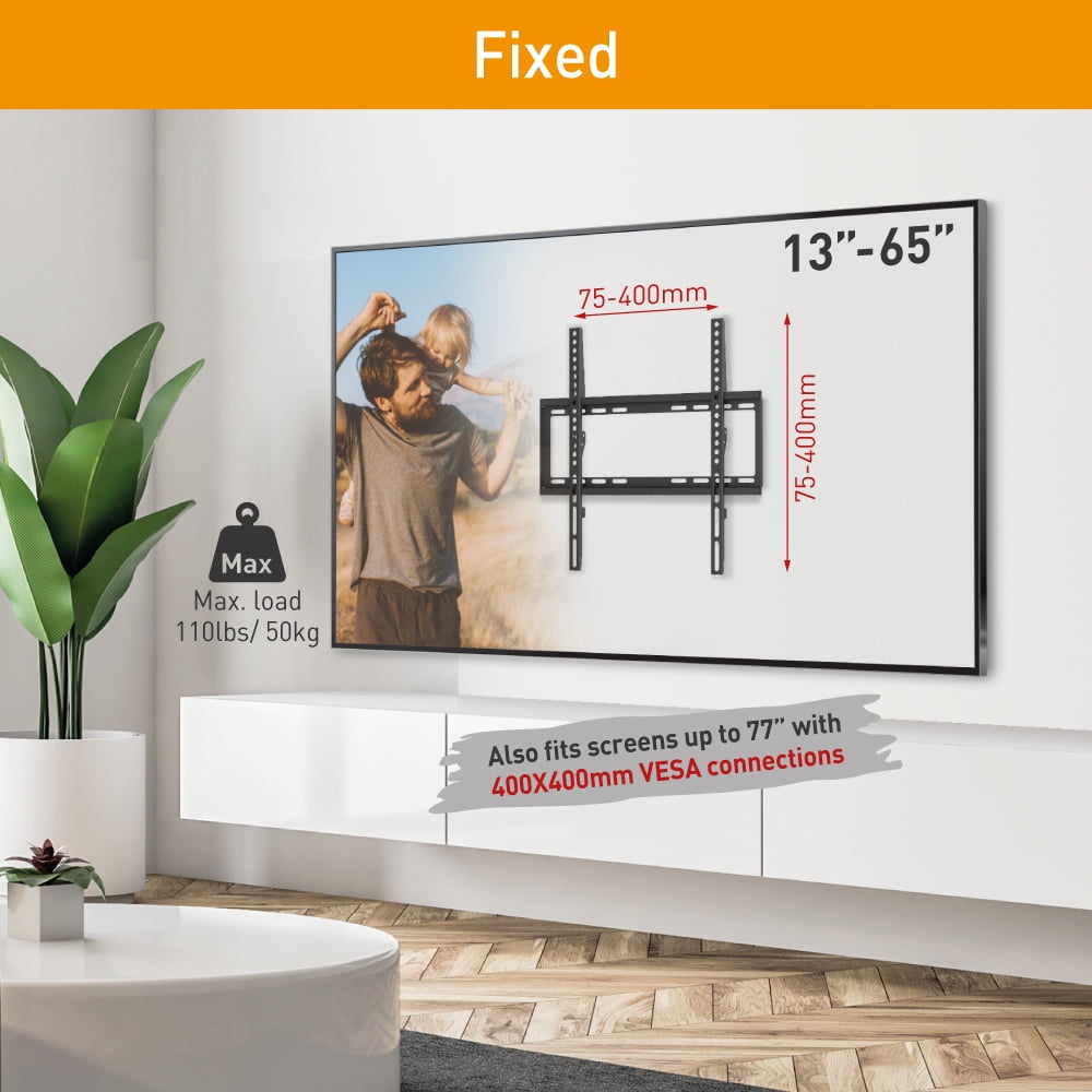 Barkan Fixed TV Wall Mount 110 lbs Black Very Low Profile Extra Stable 2 Year Warranty