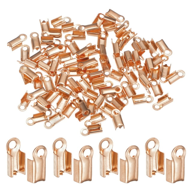 Uxcell 100pcs Fold Over Cord Ends 3mm Brass Crimp Cap Clasp Tips for DIY Leather Ribbon Craft Making, Rose Gold