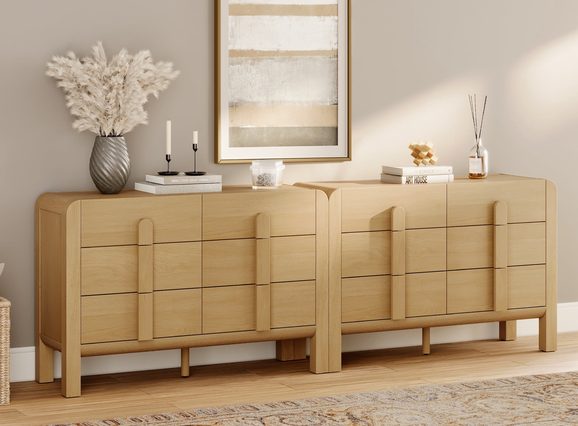 Mid Century 6 Drawer Dresser Set of 2, 47.2" Modern Chest of Drawers with Storage, Curved Profile Wood Double Dresser for Bedroom, Living Room, Hallway