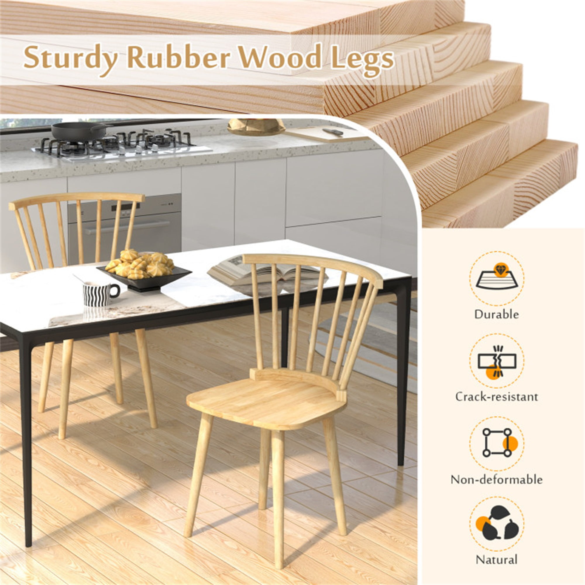 Demi Bonn Windsor Dining Chairs Set of 2 Rubber Wood Kitchen Chairs with Spindle Back, Beige