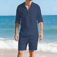 thumbnail image 2 of POIUYTR Men Casual 2 Piece Sets Summer Long Sleeve Button Shirts Straight Leg Shorts Beach Loose Outfits Set, 2 of 6