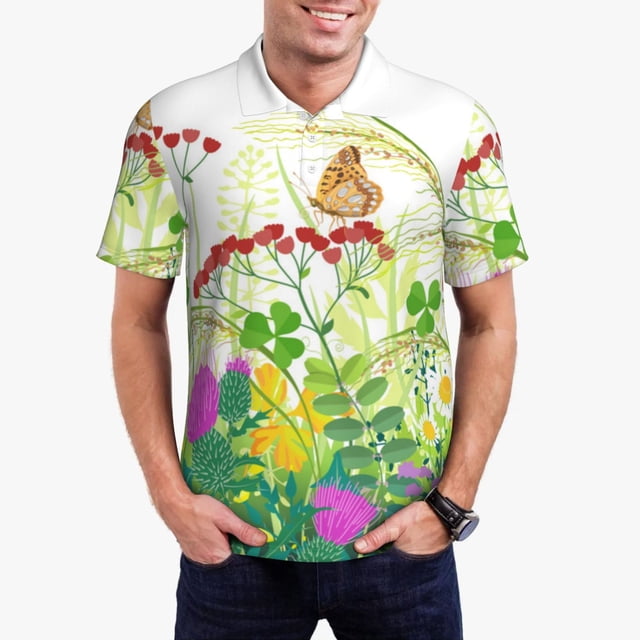 Balery Plants and Insects Camisa Polo de Hombre con Estampado, de Manga Corta y Tejido Medio, Camisa Tipo Golf Polo-Small