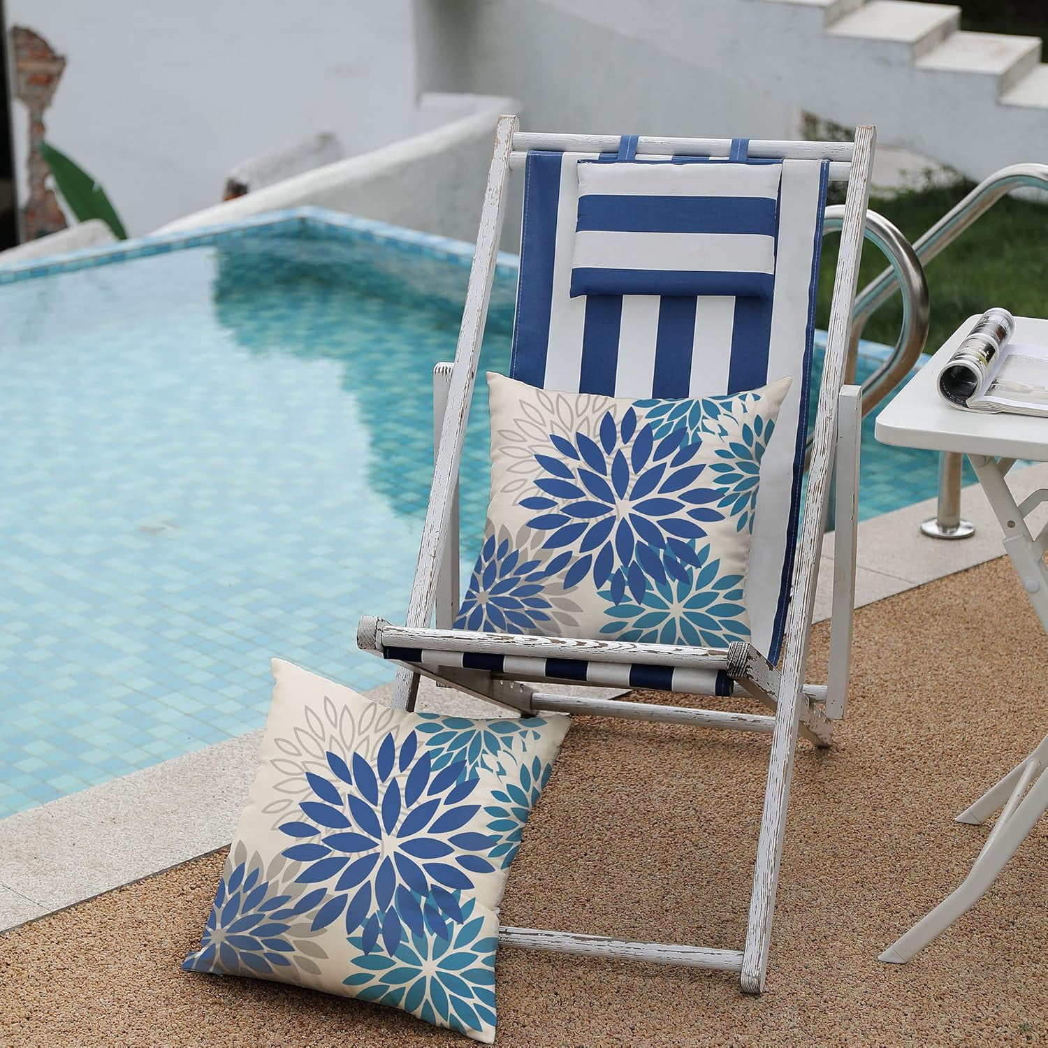 Blue Flower Pillow Covers 20x20 Inch Set of 2 Dark and Light Blue Colored Pillow Farmhouse Outdoor Waterproof Decor for Patio Funiture Garden Summer Floral Square Polyester Pillow Covers 002E20