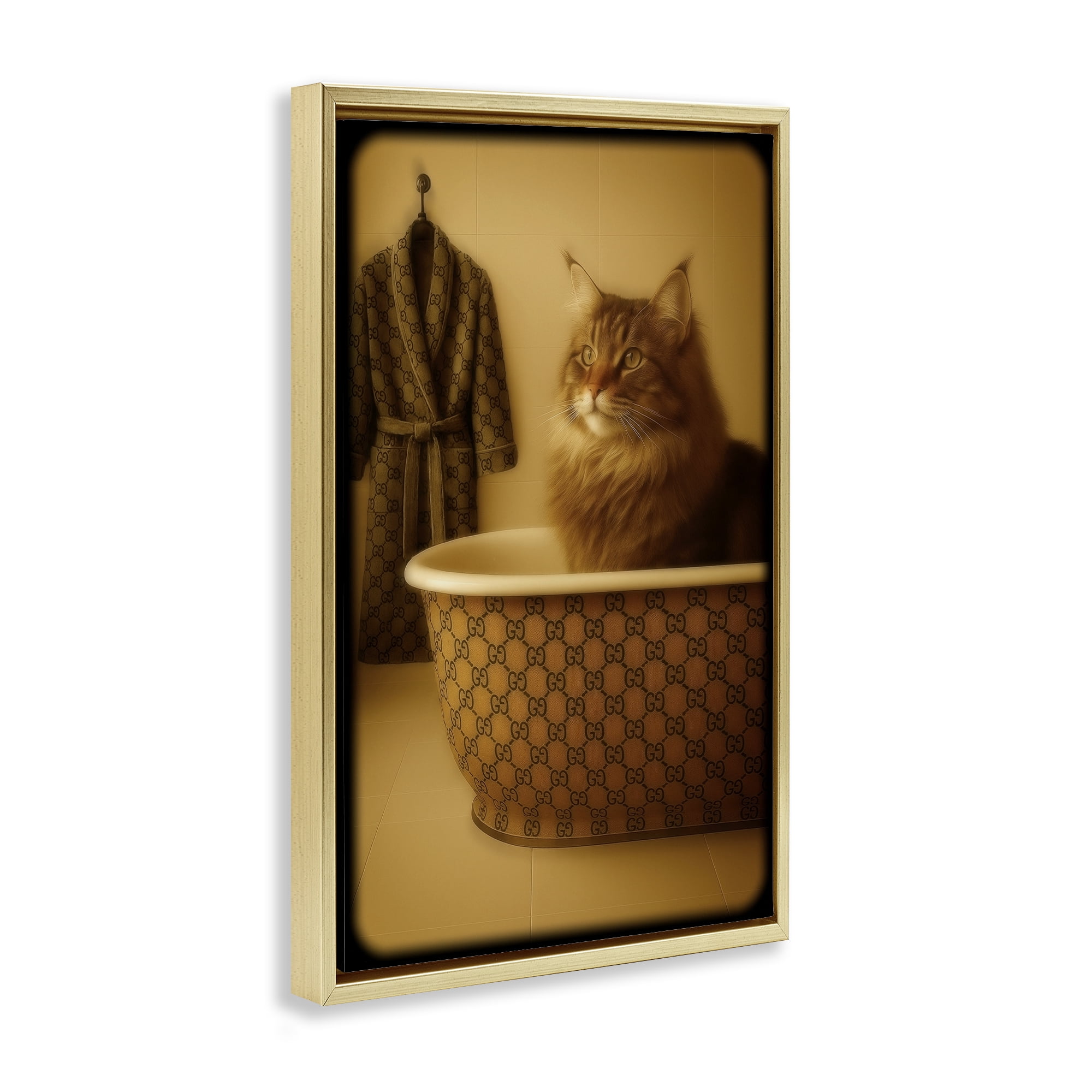 Stupell Industries Couture Main Coon in Luxury Tub Gold Framed Floater Canvas Wall Art, design by Grotto Studios