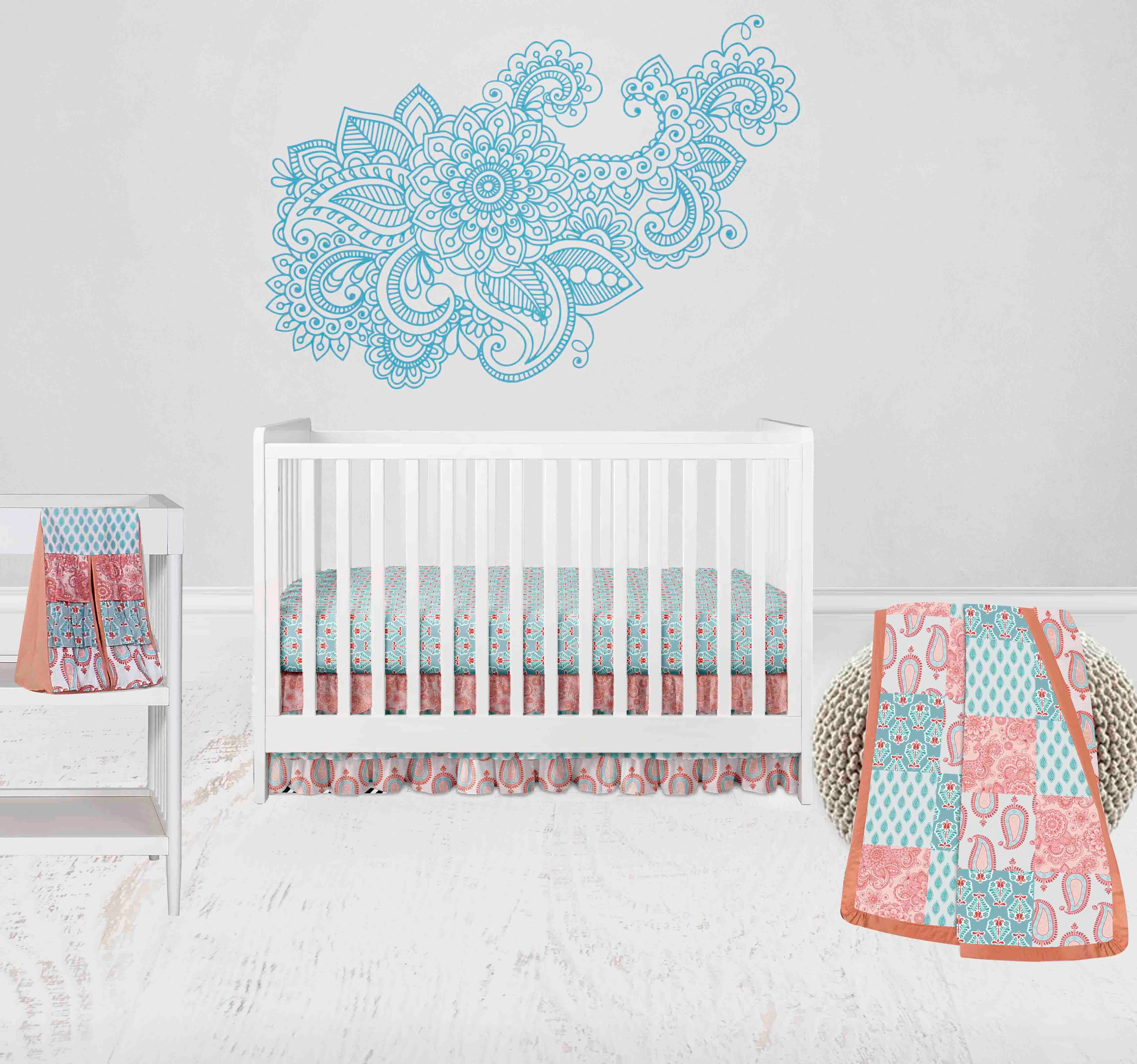 Bacati - Paisley Sophia 4-Piece Crib Bedding Set with Diaper Stacker - Coral/Aqua Girls