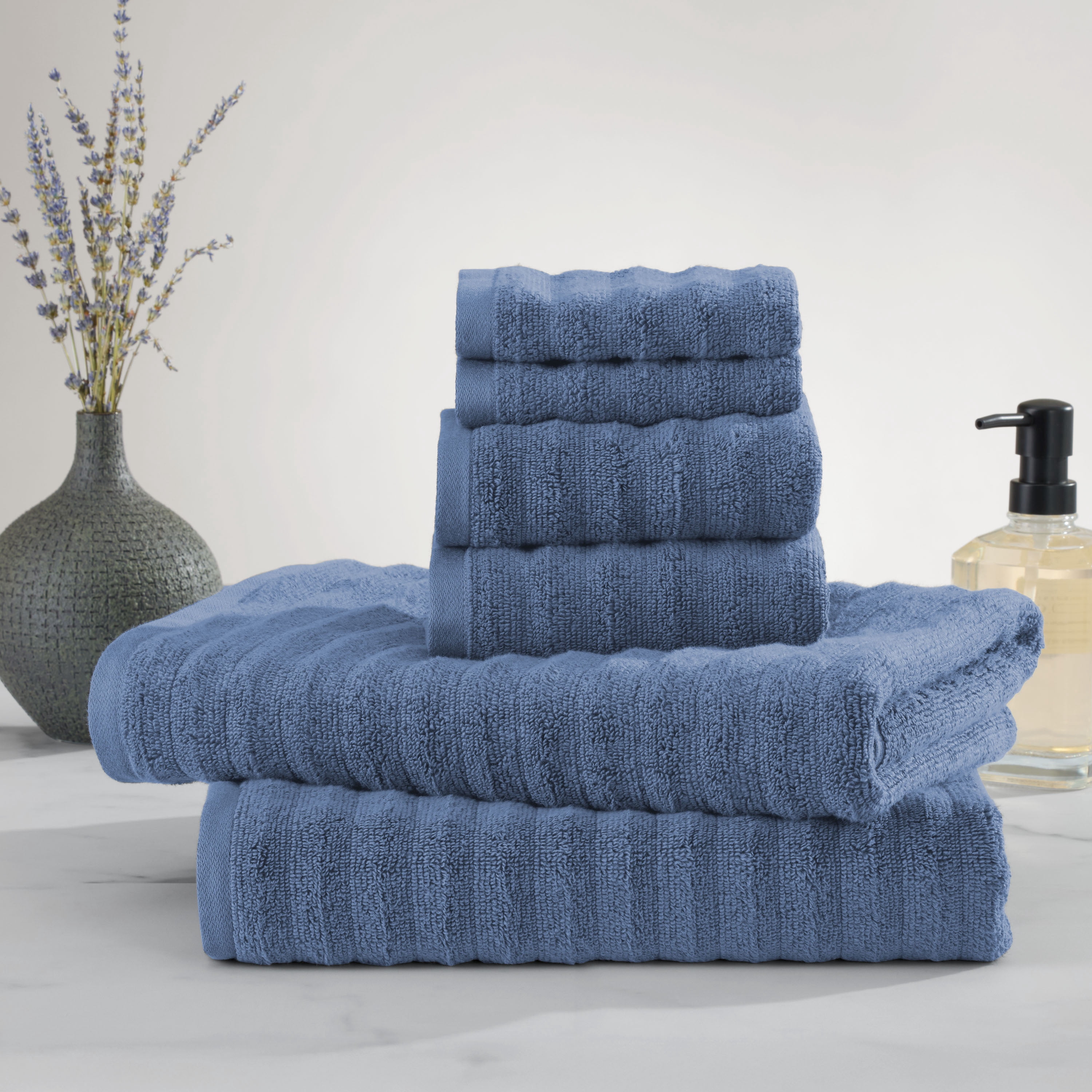 Mainstays Performance Cotton 6-Piece Bath Towel Set, Super Soft Quick Dry Fade Resistant, Textured Navy