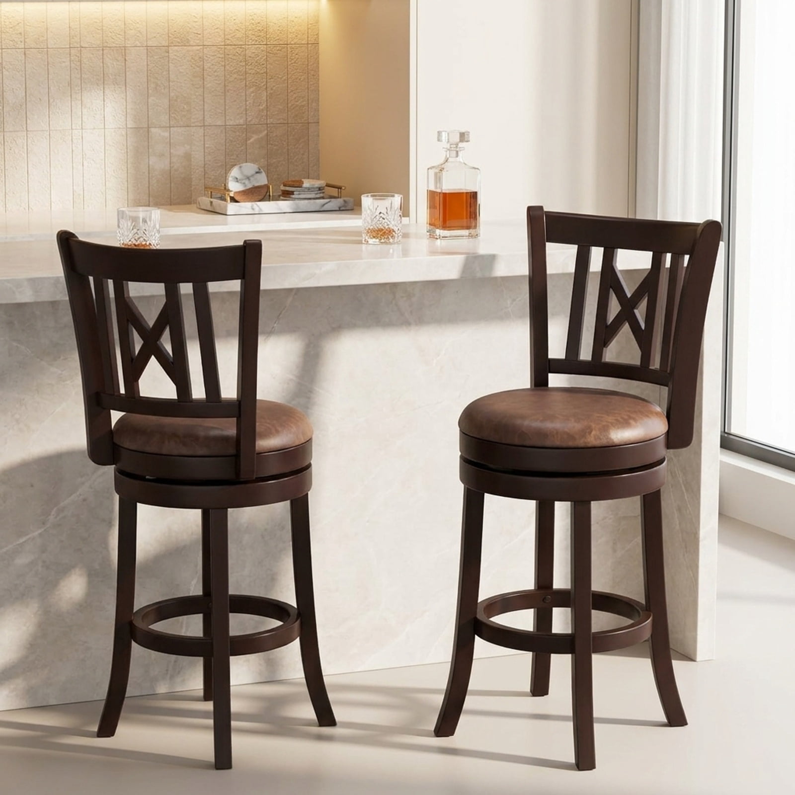 Furnibear Set of 2 Swivel Bar Stools with Footrest and Hollowed Backrest 26 Inch for Kitchen