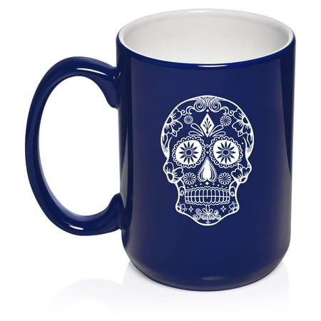 

Sugar Candy Skull Ceramic Coffee Mug Tea Cup Gift for Her Him Brother Sister Wife Husband Friend Family Coworker Boss Birthday Anniversary Housewarming Mom Dad (15oz Blue)