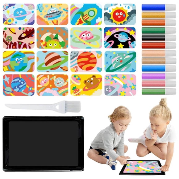 Feltree Kids Sand Art Kits 1Tray 1Brush 12 Colors of Sand 16 Peel Sprinkle Pictures Art Peel and Stick Sand Art Sand Painting for Kids Colored Sand Painting Kits