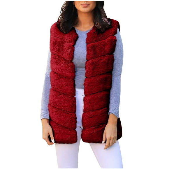 Drses Womens Faux Fur Winter Coats Sleeveless Warm Jacket Sherpa Vest Plus Size Fuzzy Fleece Long Coat Outerwear with Pocket